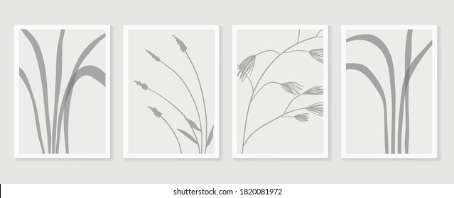 Conjunto de vectores de arte mural botánico. Dibujo artístico de línea de follaje con forma abstracta.  Resumen Diseño de arte vegetal para impresión, cubierta, papel pintado, arte de pared mínimo y natural. Ilustración vectorial.