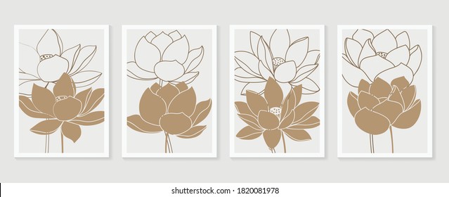 Botanical Wall Art Vector Set. Lotus Flower Foliage Line Art Drawing With Abstract Shape.  Abstract Plant Art Design For Print, Cover, Wallpaper, Minimal And  Natural Wall Art. Vector Illustration.