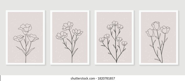 Botanical wall art vector set. Flower Foliage line art drawing with  abstract shape.  Abstract Plant Art design for print, cover, wallpaper, Minimal and  natural wall art. 