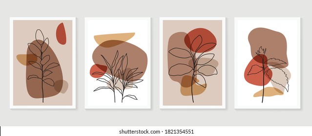 Botanical wall art vector set. boho Foliage line art drawing with  abstract shape.  Abstract Plant Art design for print, cover, wallpaper, Minimal and  natural wall art.