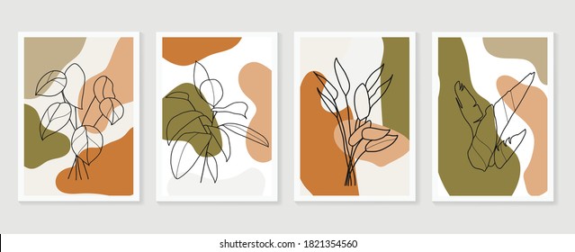 Botanical wall art vector set. boho Foliage line art drawing with  abstract shape.  Abstract Plant Art design for print, cover, wallpaper, Minimal and  natural wall art.