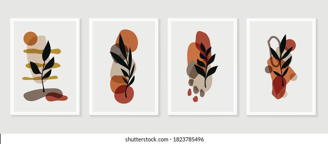 Botanical wall art vector set. boho Foliage line art drawing with  abstract shape.  Abstract Eucalyptus and Art design for print, cover, wallpaper, Minimal and  natural wall art.