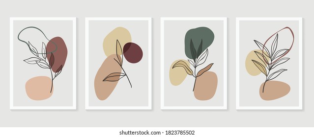 Botanical wall art vector set. boho Foliage line art drawing with  abstract shape.  Abstract Plant Art design for print, cover, wallpaper, Minimal and  natural wall art.