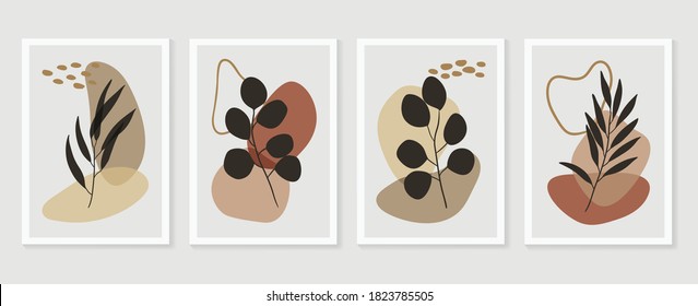 Botanical wall art vector set. boho Foliage line art drawing with  abstract shape.  Abstract Eucalyptus and Art design for print, cover, wallpaper, Minimal and  natural wall art.