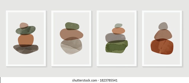 Botanical wall art vector set. boho Foliage line art drawing with  abstract shape.  Abstract rock Art design for print, cover, wallpaper, Minimal and  natural wall art.