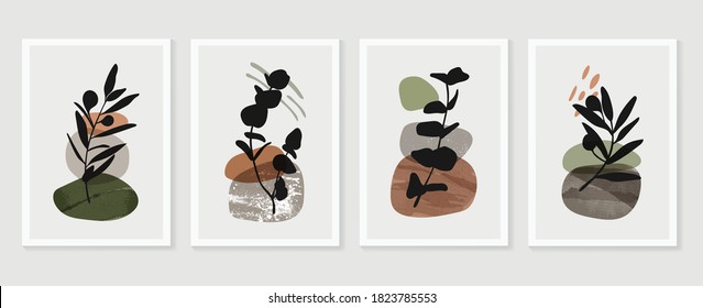 Botanical wall art vector set. boho Foliage line art drawing with  abstract shape.  Abstract Plant Art design for print, cover, wallpaper, Minimal and  natural wall art.