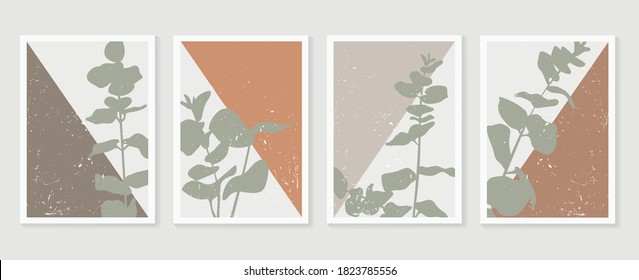 Botanical wall art vector set. boho Foliage line art drawing with  abstract shape.  Abstract Eucalyptus and Art design for print, cover, wallpaper, Minimal and  natural wall art.