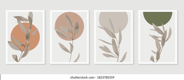 Botanical wall art vector set. boho Foliage line art drawing with  abstract shape.  Abstract Eucalyptus and Art design for print, cover, wallpaper, Minimal and  natural wall art.