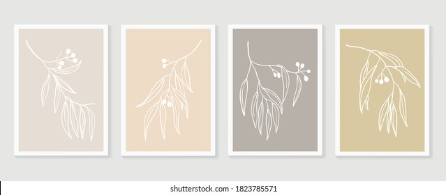 Botanical wall art vector set. boho Foliage line art drawing with  abstract shape.  Abstract Eucalyptus and Art design for print, cover, wallpaper, Minimal and  natural wall art.