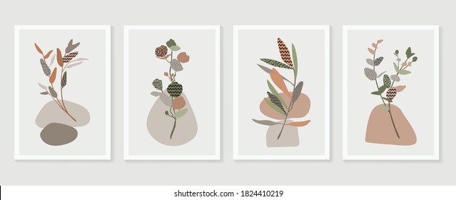 Botanical wall art vector set. boho Foliage line art drawing with  abstract shape.  Abstract Plant Art design for print, cover, wallpaper, Minimal and  natural wall art.