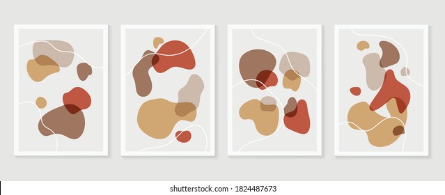 Botanical wall art vector set. Earth tone boho foliage line art drawing with  abstract shape.  Abstract Plant Art design for print, cover, wallpaper, Minimal and  natural wall art.
