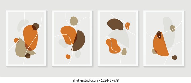 Botanical wall art vector set. Earth tone boho foliage line art drawing with  abstract shape.  Abstract Plant Art design for print, cover, wallpaper, Minimal and  natural wall art.

