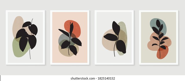 Botanical wall art vector set. Earth tone boho foliage line art drawing with  abstract shape.  Abstract Plant Art design for print, cover, wallpaper, Minimal and  natural wall art.
