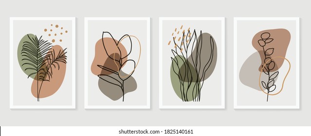 Botanical wall art vector set. Earth tone boho foliage line art drawing with  abstract shape.  Abstract Plant Art design for print, cover, wallpaper, Minimal and  natural wall art.
