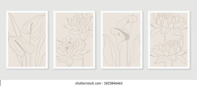 Botanical wall art vector set. Earth tone boho foliage line art drawing with  abstract shape.  Abstract Plant Art design for print, cover, wallpaper, Minimal and  natural wall art.