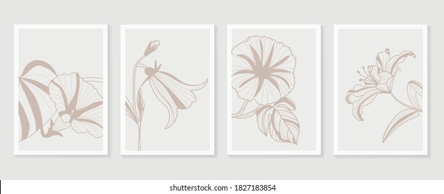 Botanical wall art vector set. Earth tone boho foliage line art drawing with  abstract shape.  Abstract Plant Art design for print, cover, wallpaper, Minimal and  natural wall art.