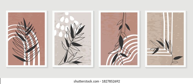 Botanical wall art vector set. Earth tone boho foliage line art drawing with  abstract shape.  Abstract Plant Art design for print, cover, wallpaper, Minimal and  natural wall art.
