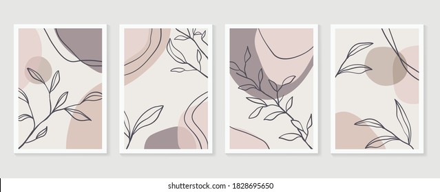 Botanical wall art vector set. Earth tone boho foliage line art drawing with  abstract shape.  Abstract Plant Art design for print, cover, wallpaper, Minimal and  natural wall art.