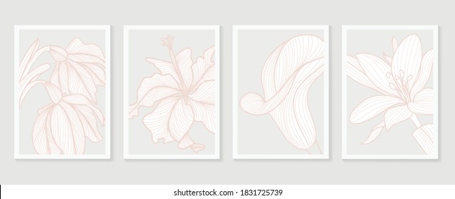 Botanical wall art vector set. Earth tone boho foliage line art drawing with  abstract shape.  Abstract Plant Art design for print, cover, wallpaper, Minimal and  natural wall art.