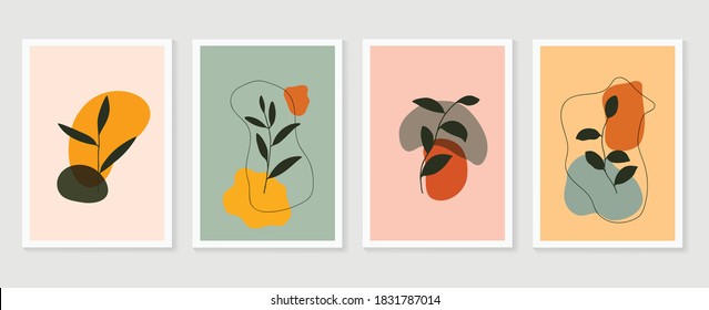 Botanical wall art vector set. Earth tone boho foliage line art drawing with  abstract shape.  Abstract Plant Art design for print, cover, wallpaper, Minimal and  natural wall art.
