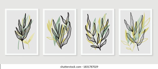 Conjunto de vectores de arte mural botánico. Tono de la Tierra dibujo de líneas de follaje boho con forma abstracta.  Resumen Diseño de arte vegetal para la impresión, cubierta, papel pintado, arte de pared mínimo y natural.