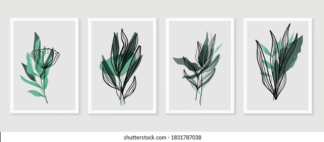 Botanical wall art vector set. Earth tone boho foliage line art drawing with  abstract shape.  Abstract Plant Art design for print, cover, wallpaper, Minimal and  natural wall art.