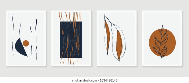 Botanical wall art vector set. Earth tone boho foliage line art drawing with  abstract shape.  Abstract Plant Art design for print, cover, wallpaper, Minimal and  natural wall art.