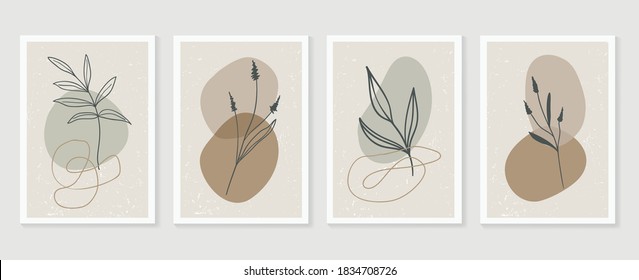 Botanical wall art vector set. Earth tone boho foliage line art drawing with  abstract shape.  Abstract Plant Art design for print, cover, wallpaper, Minimal and  natural wall art.
