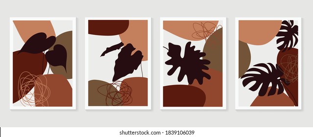 Conjunto de vectores de arte mural botánico. Tono de la Tierra dibujo de líneas de follaje boho con forma abstracta.  Resumen Diseño de arte vegetal para la impresión, cubierta, papel pintado, arte de pared mínimo y natural.
