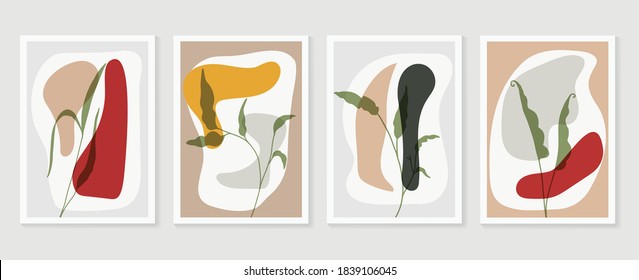 Botanical wall art vector set. Earth tone boho foliage line art drawing with  abstract shape.  Abstract Plant Art design for print, cover, wallpaper, Minimal and  natural wall art.