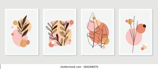 Botanical wall art vector set. Earth tone boho foliage line art drawing with  abstract shape.  Abstract Plant Art design for print, cover, wallpaper, Minimal and  natural wall art.
