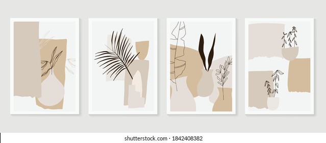 Botanical wall art vector set. Earth tone boho foliage line art drawing with  abstract shape.  Abstract Plant Art design for print, cover, wallpaper, Minimal and  natural wall art.
