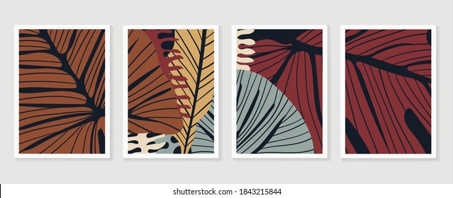 Botanical wall art vector set. Earth tone boho foliage line art drawing with  abstract shape.  Abstract Plant Art design for print, cover, wallpaper, Minimal and  natural wall art.
