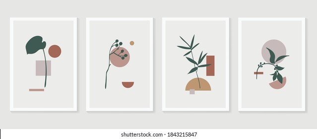 Botanical wall art vector set. Earth tone boho foliage line art drawing with  abstract shape.  Abstract Plant Art design for print, cover, wallpaper, Minimal and  natural wall art.
