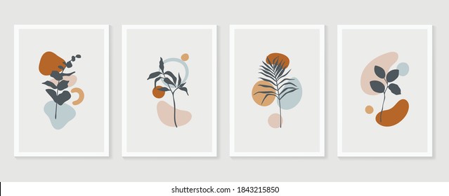 Botanical wall art vector set. Earth tone boho foliage line art drawing with  abstract shape.  Abstract Plant Art design for print, cover, wallpaper, Minimal and  natural wall art.
