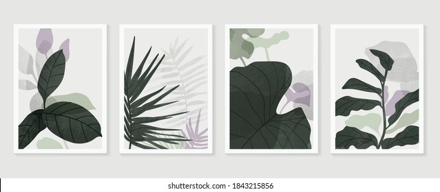 Botanical wall art vector set. Earth tone boho foliage line art drawing with  abstract shape.  Abstract Plant Art design for print, cover, wallpaper, Minimal and  natural wall art.
