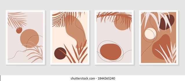 Botanical wall art vector set. Earth tone boho foliage line art drawing with  abstract shape.  Abstract Plant Art design for print, cover, wallpaper, Minimal and  natural wall art.
