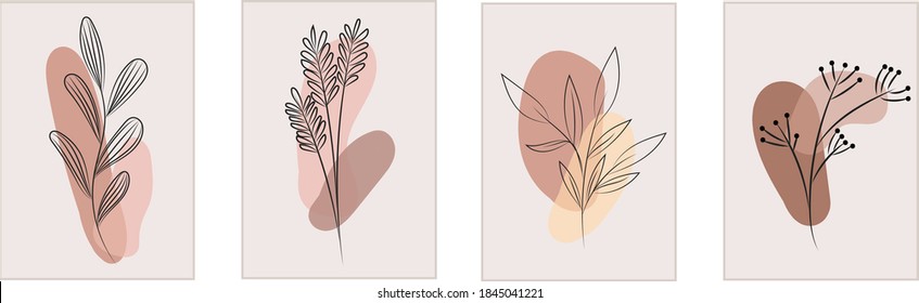 Botanical wall art vector set. Foliage line art drawing with abstract shape. Abstract Plant Art design for print, cover, wallpaper, Minimal and natural wall art. Vector illustration.