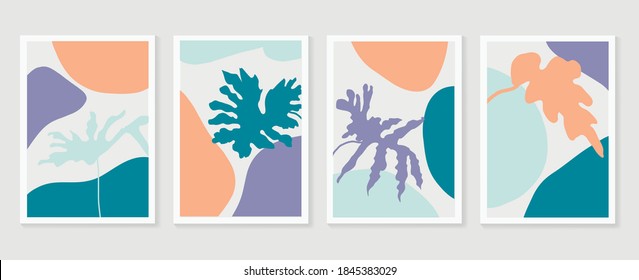 Conjunto de vectores de arte mural botánico. Tono de la Tierra dibujo de líneas de follaje boho con forma abstracta.  Resumen Diseño de arte vegetal para la impresión, cubierta, papel pintado, arte de pared mínimo y natural.