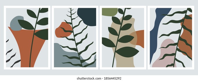 Botanical wall art vector set. Foliage line art drawing with abstract shape. Abstract Plant Art design for print, cover, wallpaper, Minimal and natural wall art. Vector illustration.