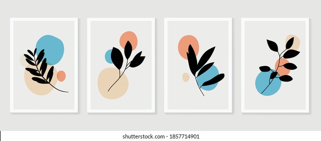 Botanical wall art vector set. Foliage line art drawing with abstract shape. Abstract Plant Art design for print, cover, wallpaper, Minimal and natural wall art. Vector illustration.