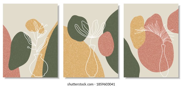 Botanical wall art vector set. Foliage line art drawing with abstract shape. Abstract Plant Art design for print, cover, wallpaper, Minimal and natural wall art. Vector illustration.