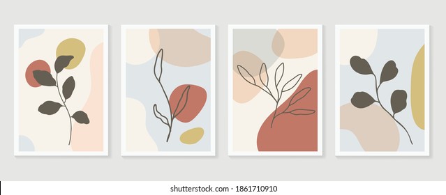 Botanical wall art vector set. Foliage line art drawing with abstract shape.  Abstract Plant Art design for print, cover, wallpaper, Minimal and  natural wall art. Vector illustration.