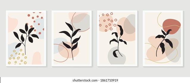 Botanische Wandkunst, Vektorset. Kunstzeichnung der Blattlinie mit abstrakter Form.  Abstraktes Pflanzendesign für Druck, Deckel, Tapeten, Minimale und natürliche Wandkunst. Vektorgrafik.