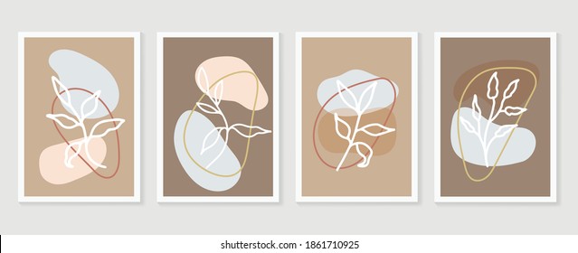 Conjunto de vectores de arte mural botánico. Dibujo artístico de línea de follaje con forma abstracta.  Resumen Diseño de arte vegetal para impresión, cubierta, papel pintado, arte de pared mínimo y natural. Ilustración vectorial.