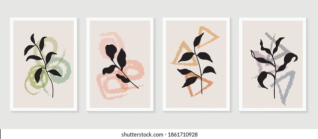 Botanical wall art vector set. Foliage line art drawing with abstract shape.  Abstract Plant Art design for print, cover, wallpaper, Minimal and  natural wall art. Vector illustration.