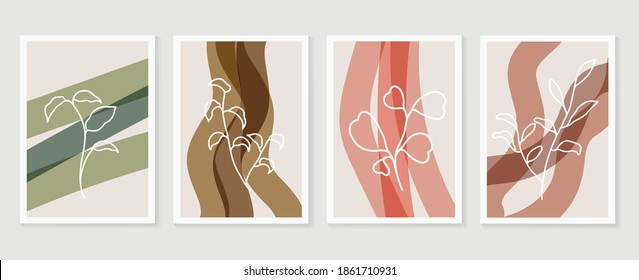 Botanical wall art vector set. Foliage line art drawing with abstract shape.  Abstract Plant Art design for print, cover, wallpaper, Minimal and  natural wall art. Vector illustration.