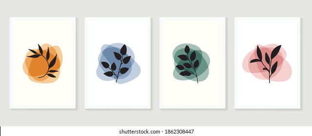 Botanical wall art vector set. Foliage line art drawing with abstract shape.  Abstract Plant Art design for print, cover, wallpaper, Minimal and  natural wall art. Vector illustration.