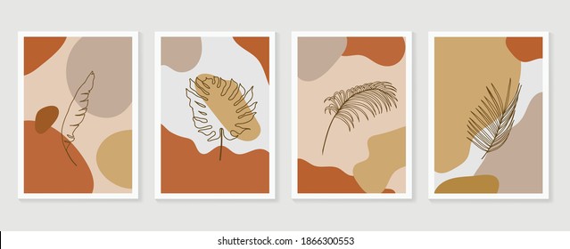 Botanische Wandkunst, Vektorset. Erdton boho Blattlinie Zeichnung mit abstrakter Form.  Abstraktes Pflanzendesign für Druck, Deckel, Tapeten, Minimale und natürliche Wandkunst.