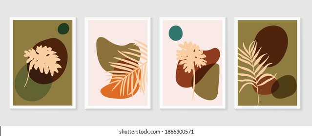 Botanical wall art vector set. Earth tone boho foliage line art drawing with  abstract shape.  Abstract Plant Art design for print, cover, wallpaper, Minimal and  natural wall art.